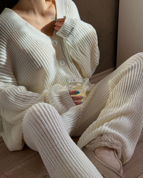 Knitted Co-ord Set in Cream with Cardigan and Wide-Leg Trousers