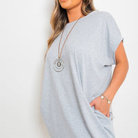 Short-sleeve top with front pockets, heather gray tunic length