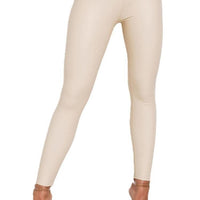 Beige faux leather leggings with smooth, streamlined slim-leg silhouette.