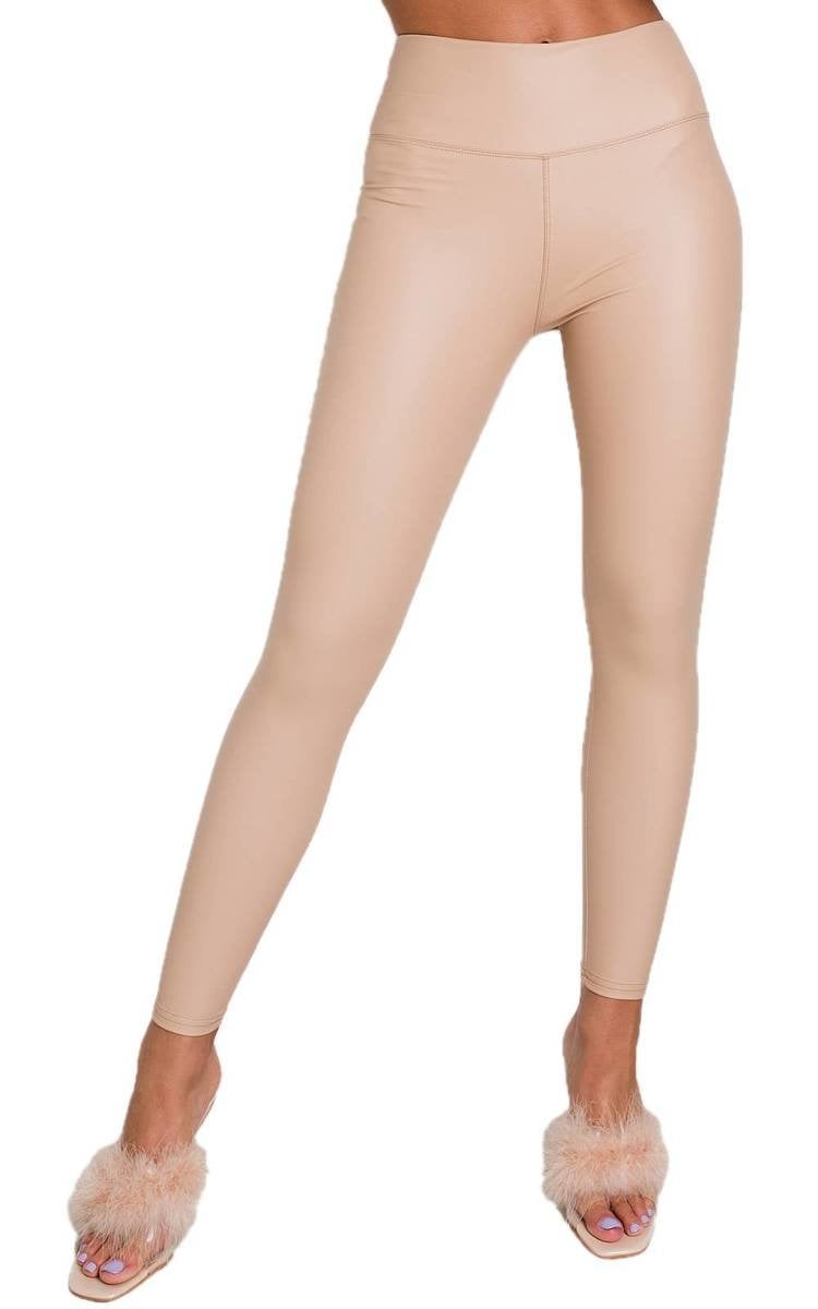 Beige faux leather leggings, studio view, ankle-length slim silhouette