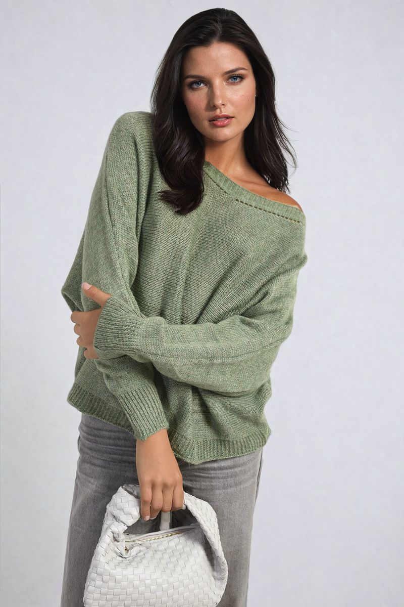 Knitted Jumper in Avocado Green with Patterned Back