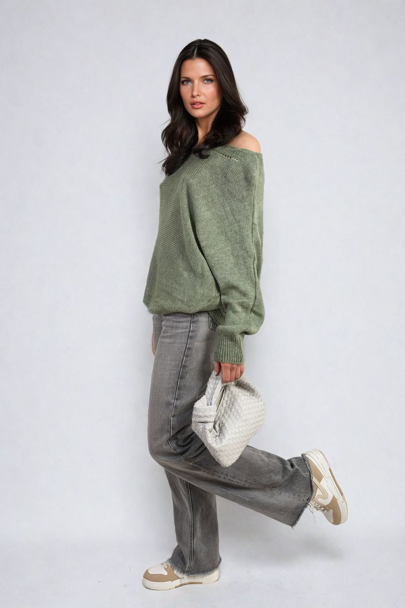 Knitted Jumper in Avocado Green with Patterned Back