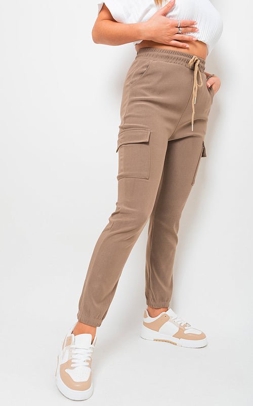 A Cargo Trousers in Mocha with Drawstring Waist and Cuffed Ankles