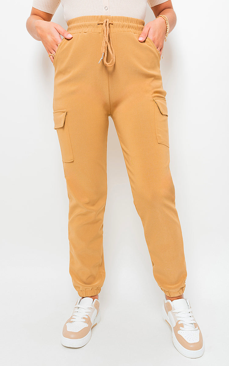 A Cargo Trousers in Mocha with Drawstring Waist and Cuffed Ankles