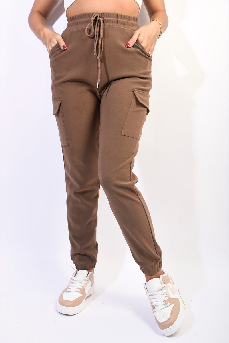 A Cargo Trousers in Mocha with Drawstring Waist and Cuffed Ankles