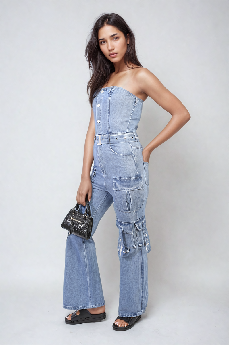 Blue denim strapless cargo jumpsuit with front buttons and multiple utility pockets