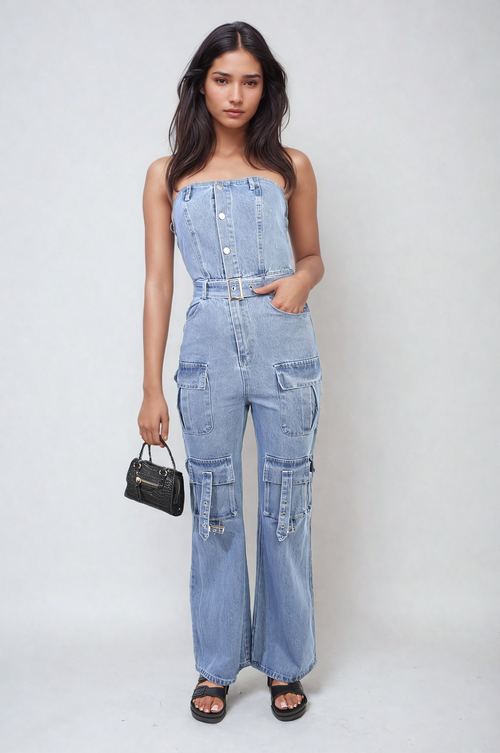 Blue denim strapless cargo jumpsuit with large cargo pockets and front button placket