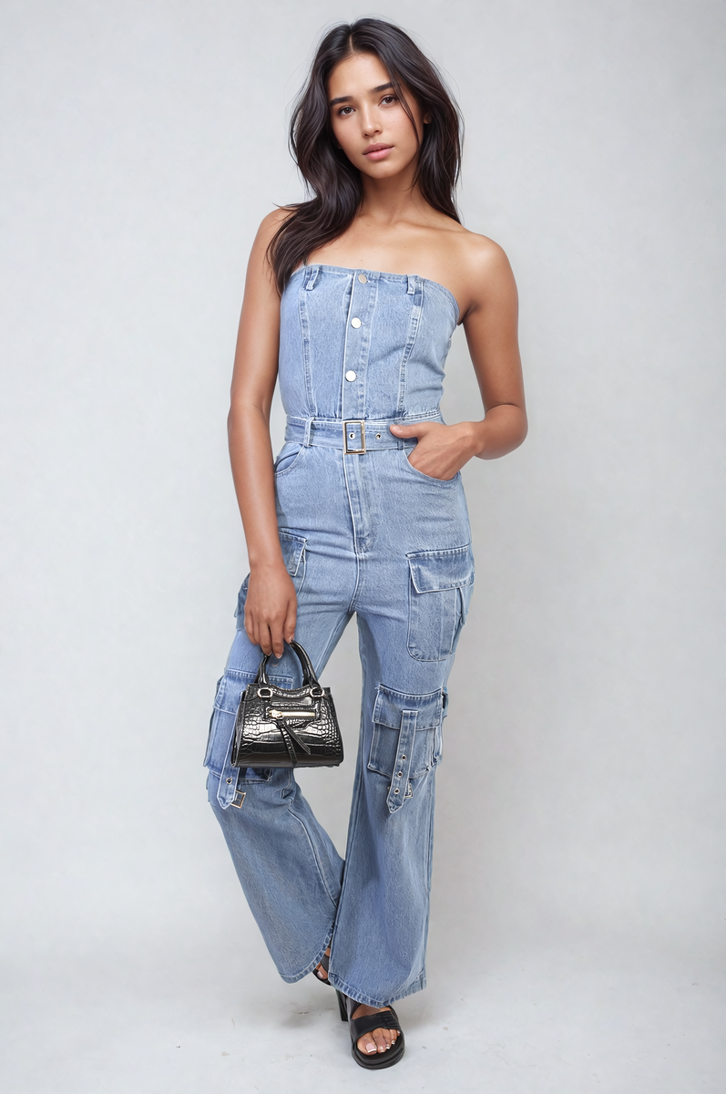 Blue denim strapless cargo jumpsuit with wide leg, front buttons, and cargo pockets