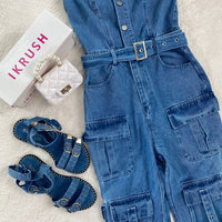 Blue denim strapless cargo jumpsuit, belted waist and patch pockets