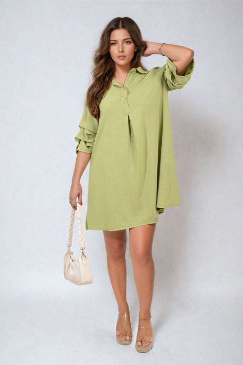 Olive green shirt dress with collar and loose 3/4 sleeves