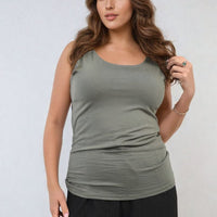 Gray scoop-neck tank top with wide shoulder straps and draped midsection.