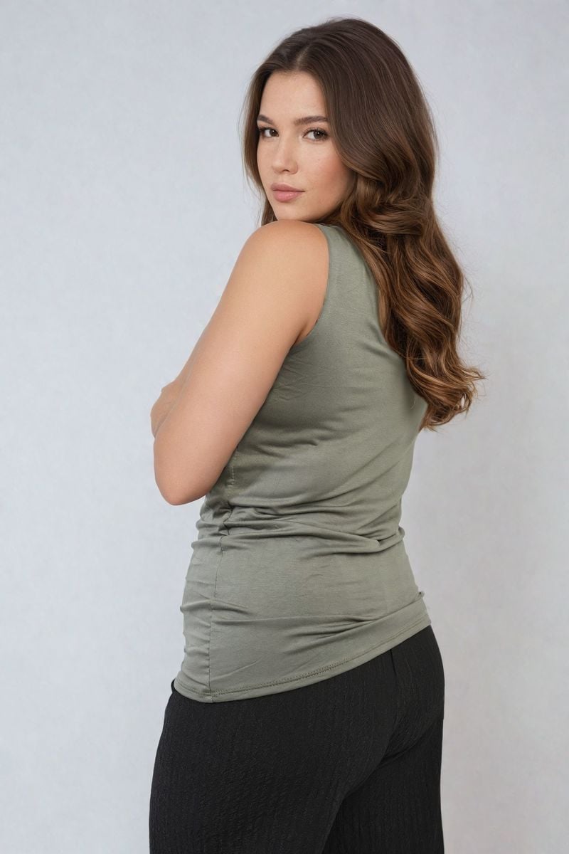 Gray tank top with scoop neck and wide shoulder straps, gathered front.