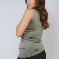 Gray tank top with scoop neck and wide shoulder straps, gathered front.