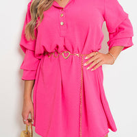 Bright pink shirt dress with collar, button front, and gathered waist.