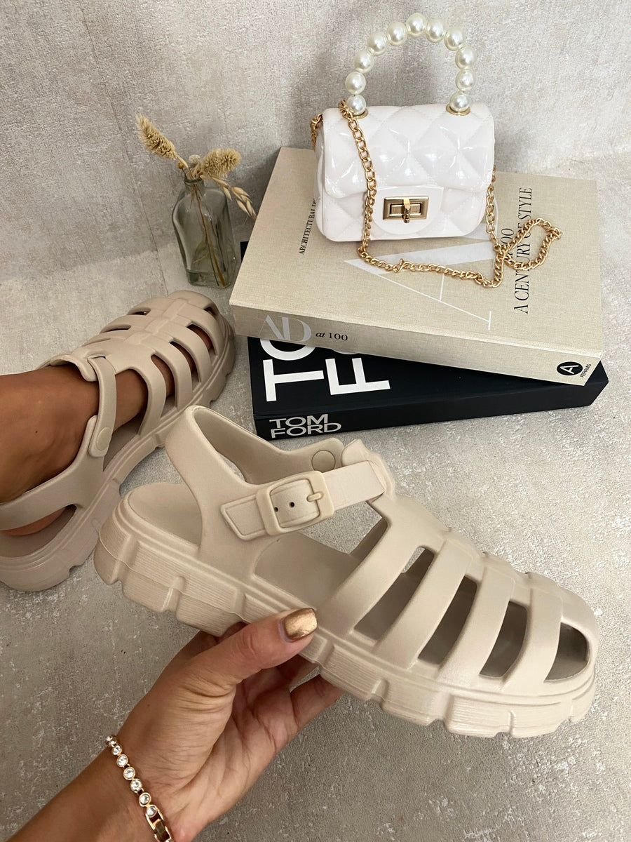 Beige chunky strappy sandals with round open toe and wide cutout straps