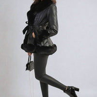 A Faux Fur Trim Jacket in Beige with Tie Belt
