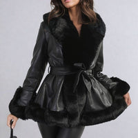 A Faux Fur Trim Jacket in Beige with Tie Belt