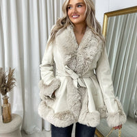 A Faux Fur Trim Jacket in Beige with Tie Belt