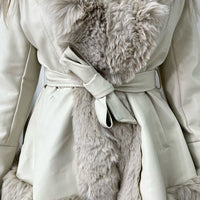 A Faux Fur Trim Jacket in Beige with Tie Belt