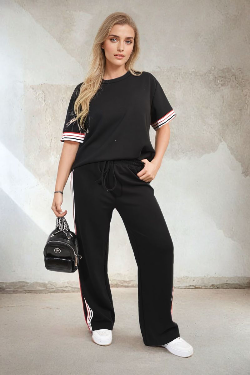Black short-sleeve top and wide-leg trousers co-ord set with contrast stripe cuffs