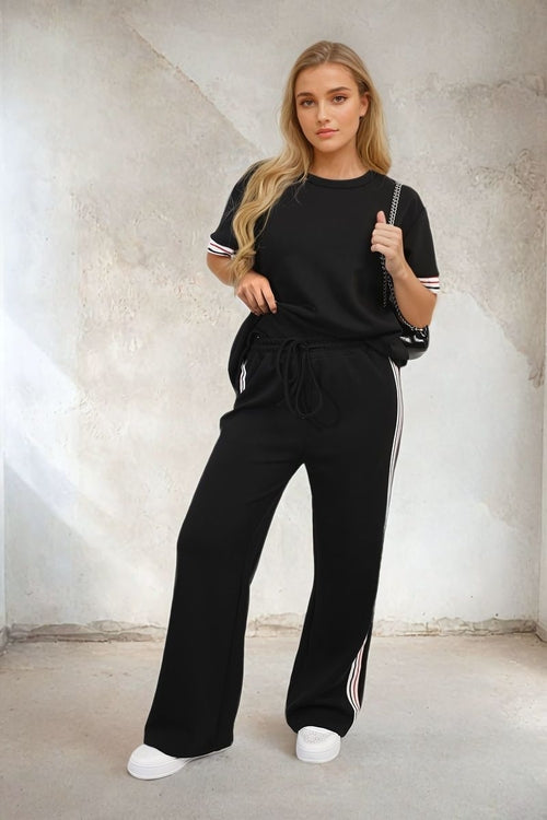 Black short-sleeve top and wide-leg trousers co-ord set with striped side and sleeve trims