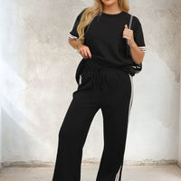 Black short-sleeve top and wide-leg trousers co-ord set with striped side and sleeve trims
