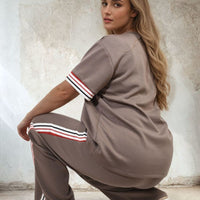 Mocha taupe set with striped sleeves, drawstring wide-leg trousers and side stripes