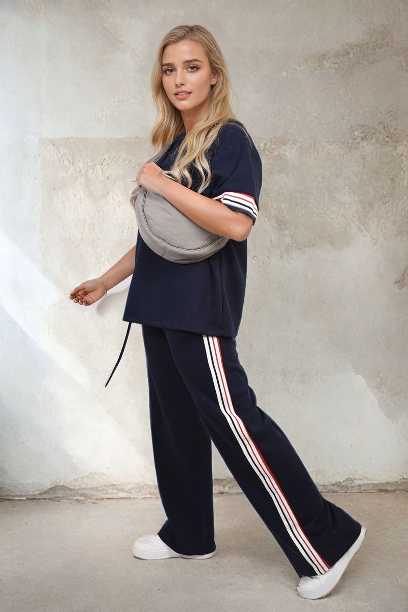 Navy contrast stripe top and wide-leg trousers with side stripe detail