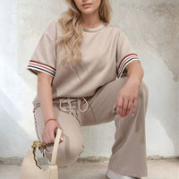 Beige lounge co-ord with striped sleeves, matching drawstring wide-leg trousers