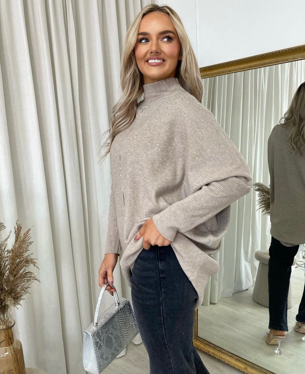 Beige oversized knitted jumper with rhinestone-speckled front and high neckline