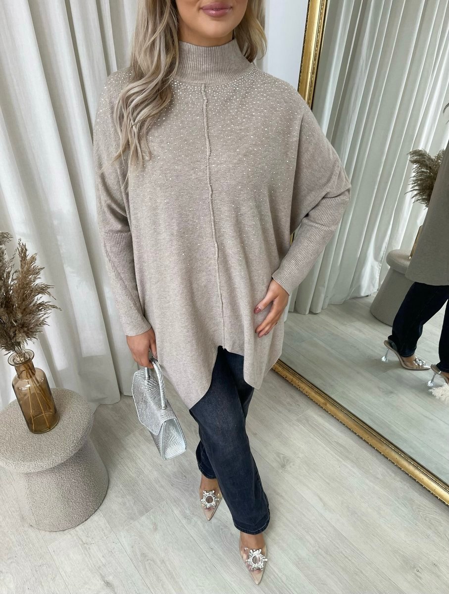Grey oversized knitted jumper with rhinestone dot detail, long sleeves and high neck
