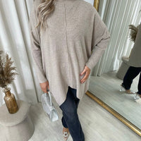 Grey oversized knitted jumper with rhinestone dot detail, long sleeves and high neck
