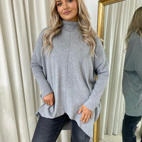 Grey oversized knitted jumper with high neck and rhinestone speckle detail