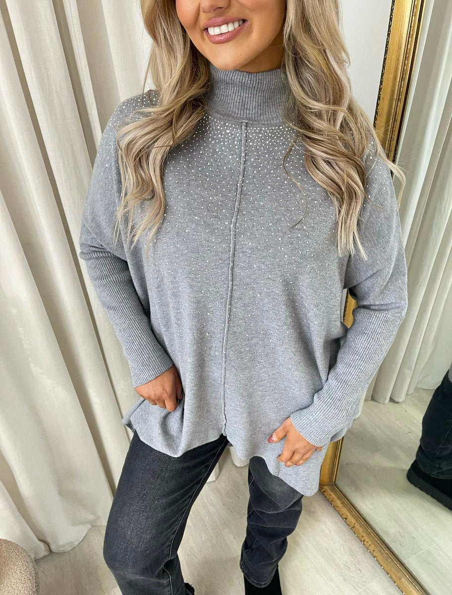 Grey high-neck oversized knit jumper with rhinestone speckle front detail