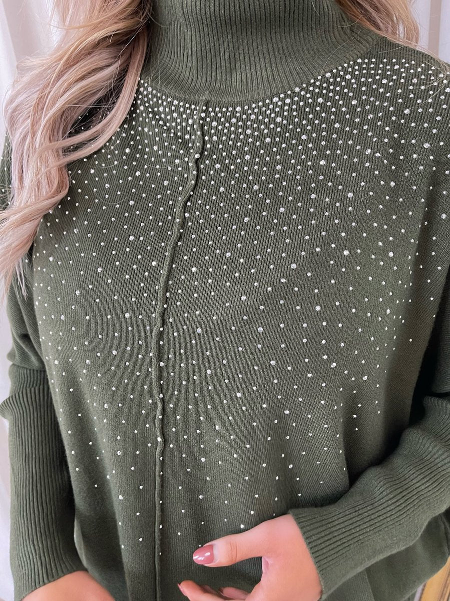 Khaki knitted jumper with rhinestone-speckled detail and high ribbed neck