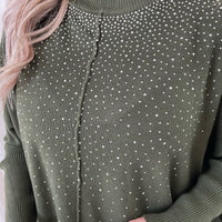 Khaki knitted jumper with rhinestone-speckled detail and high ribbed neck