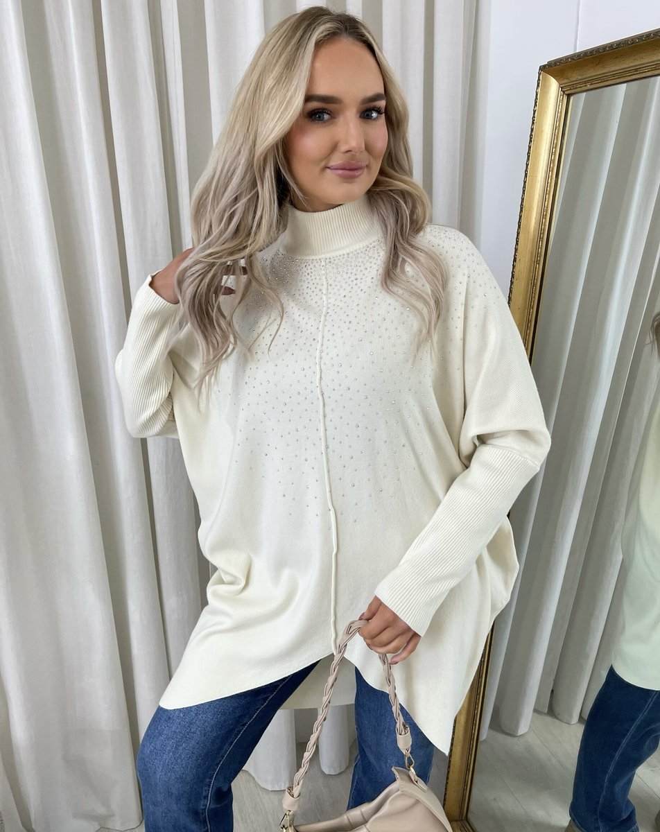 White high-neck knitted jumper with rhinestone speckle detail and long sleeves