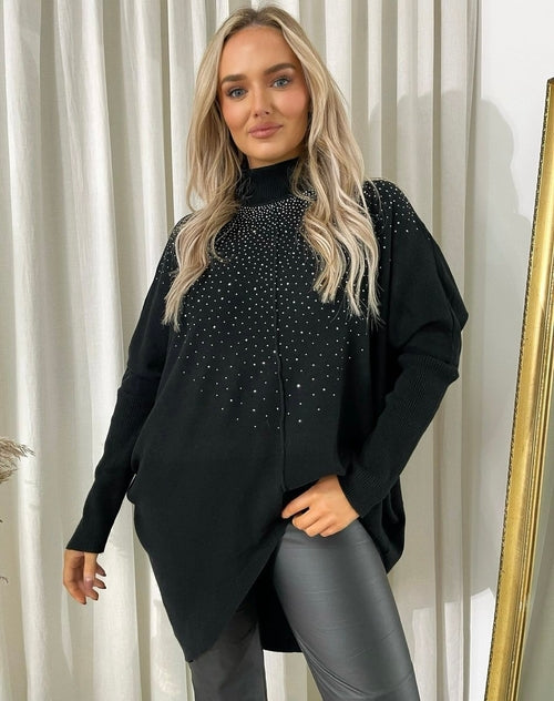Black oversized knitted jumper with rhinestone dot pattern and high neck, long puff sleeves