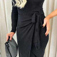 One Shoulder Wrap Front Glitter Midi Dress