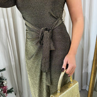 One Shoulder Wrap Front Glitter Midi Dress