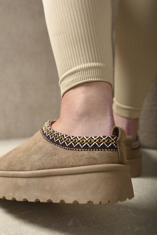 Platform Slip-On Shoes in Cream with Geometric Trim