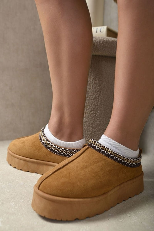 Platform Slip-On Shoes in Cream with Geometric Trim
