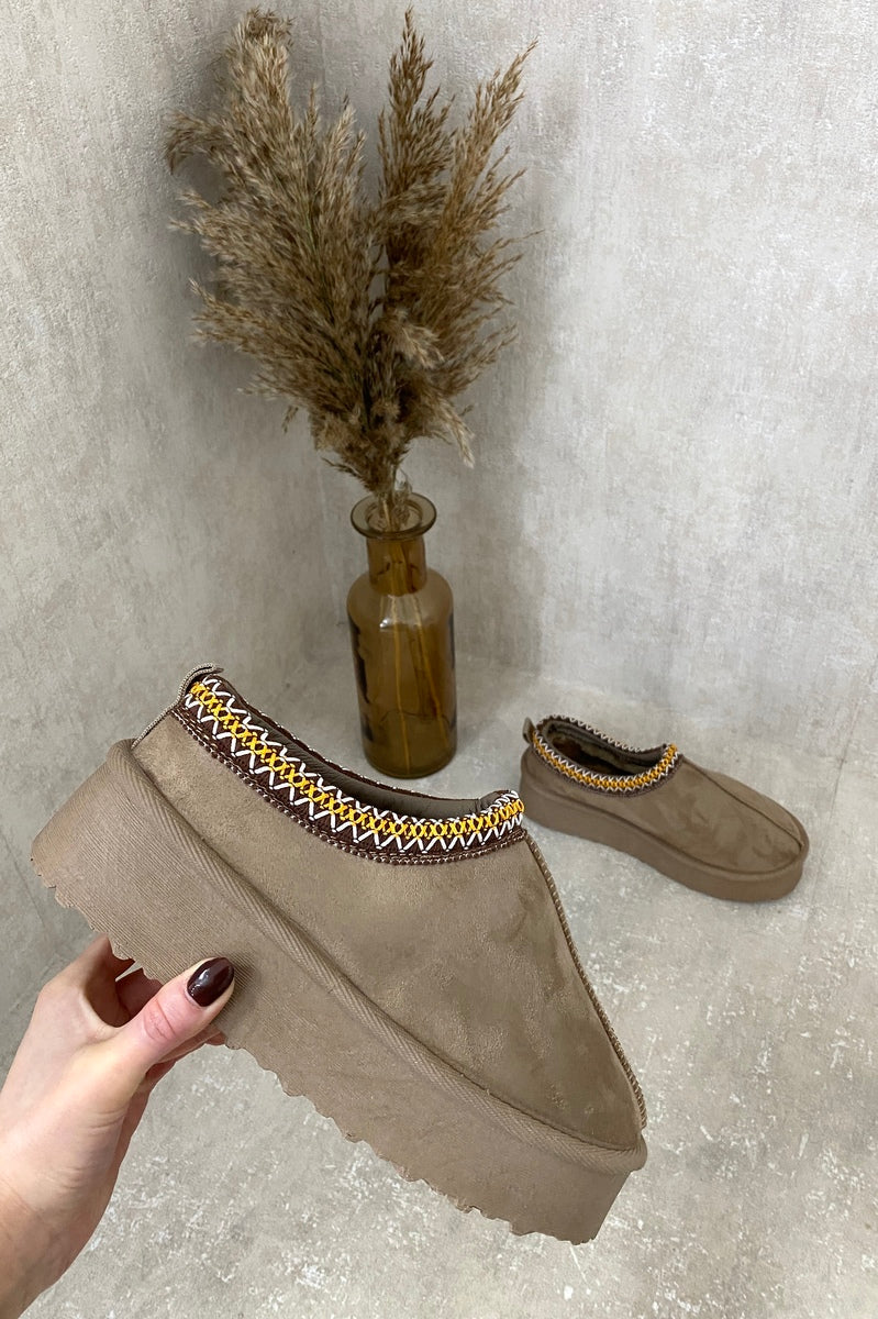 Platform Slip-On Shoes in Cream with Geometric Trim