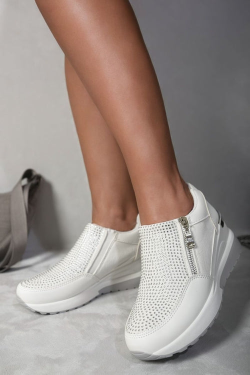 White platform trainers with rhinestone front and side zip, platform wedge sole