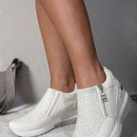 White platform trainers with rhinestone front and side zip, platform wedge sole