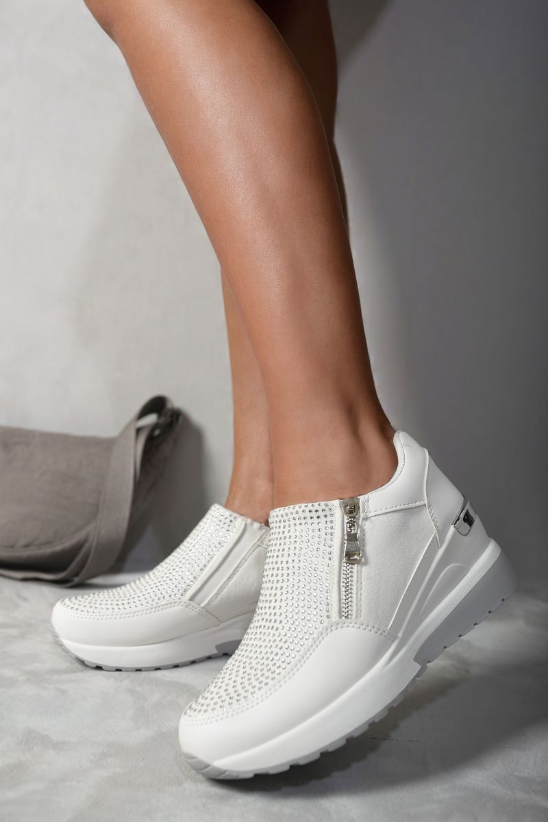 White platform trainers with rhinestone front and side zip, chunky sole