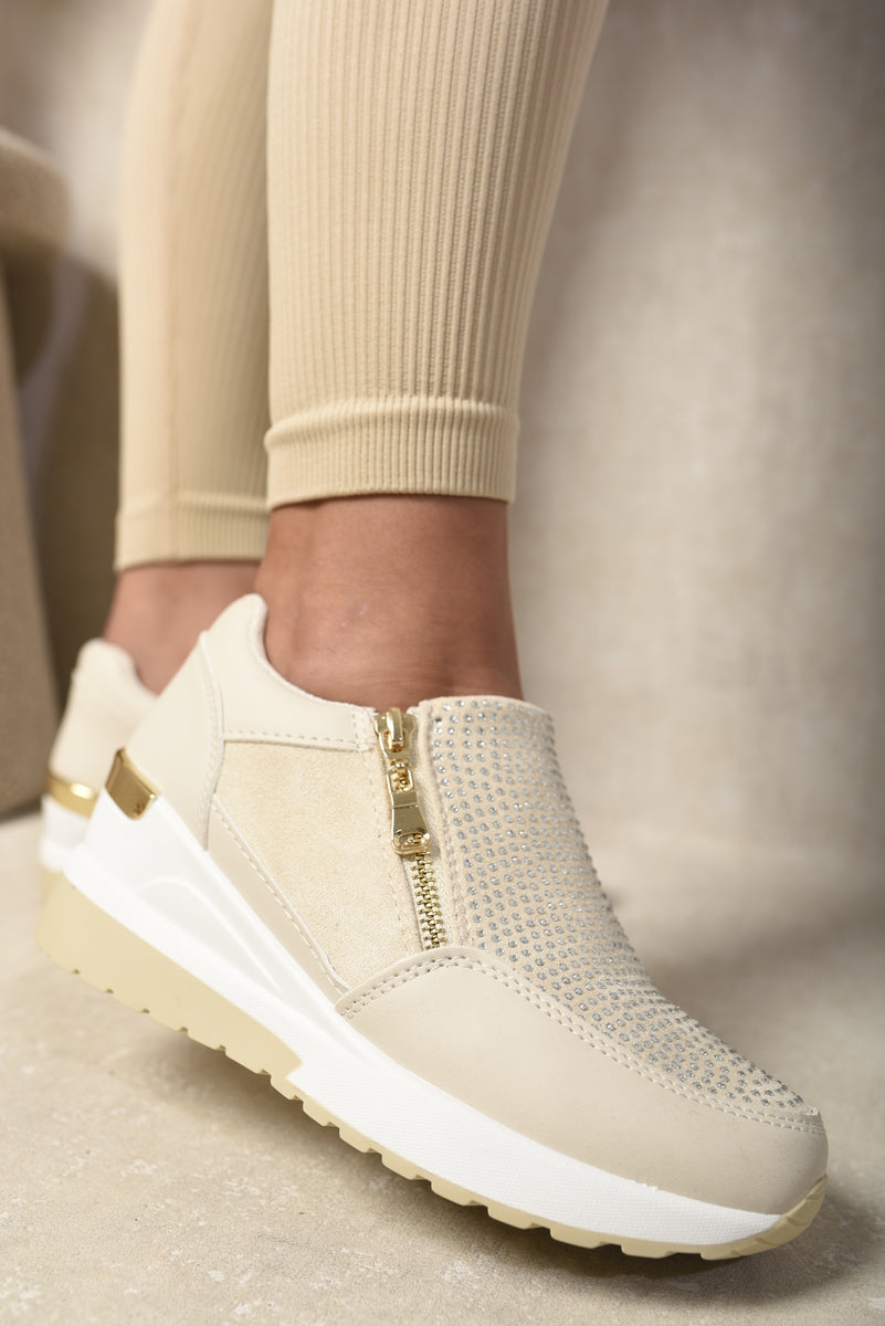 Beige platform trainers with rhinestone toe panel and side zip