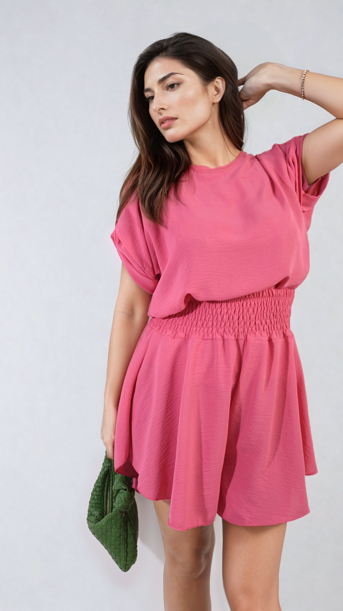 Pink roll-sleeve top and elastic shirred waist shorts co-ord set with gathered waist