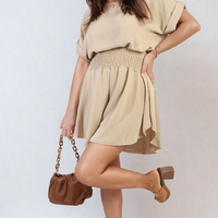 Beige roll-sleeve top with elastic shirred shorts co-ord set, side view