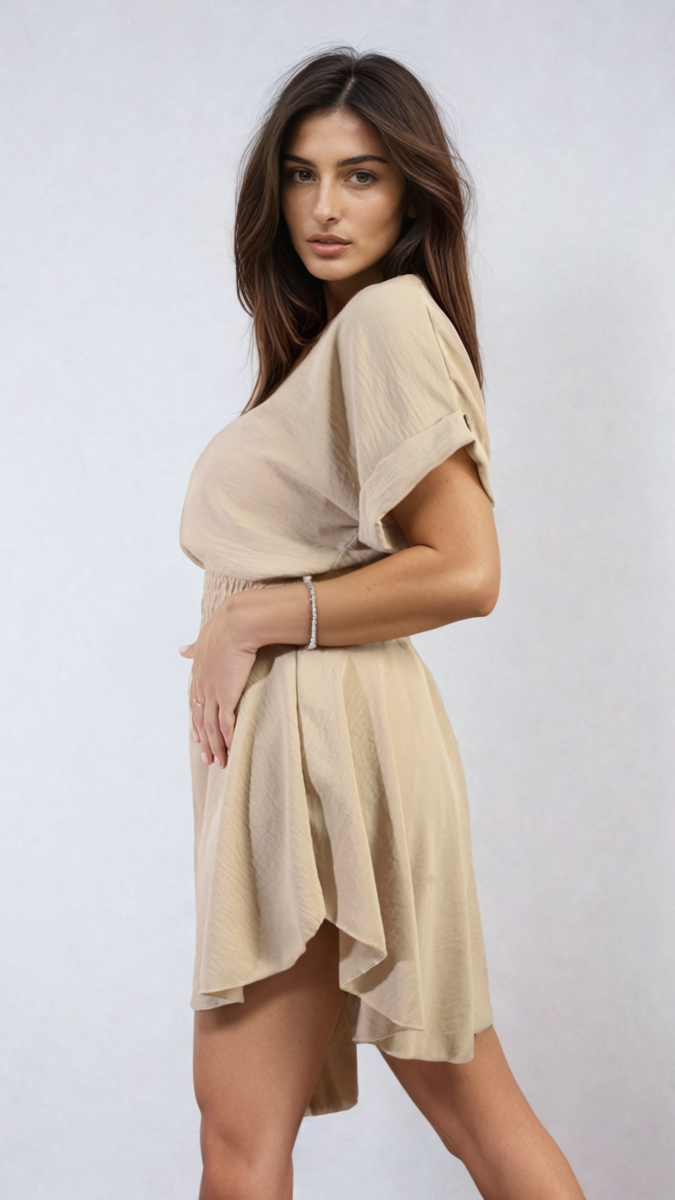 Light beige roll-sleeve top and elastic shirred waist shorts co-ord set